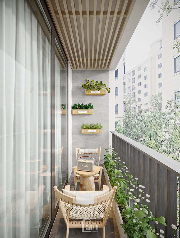 Thiết kế ban công chung cư phong cách Scandinavian Farmhouse dự án Feliz Homes ngập tràn cây xanh