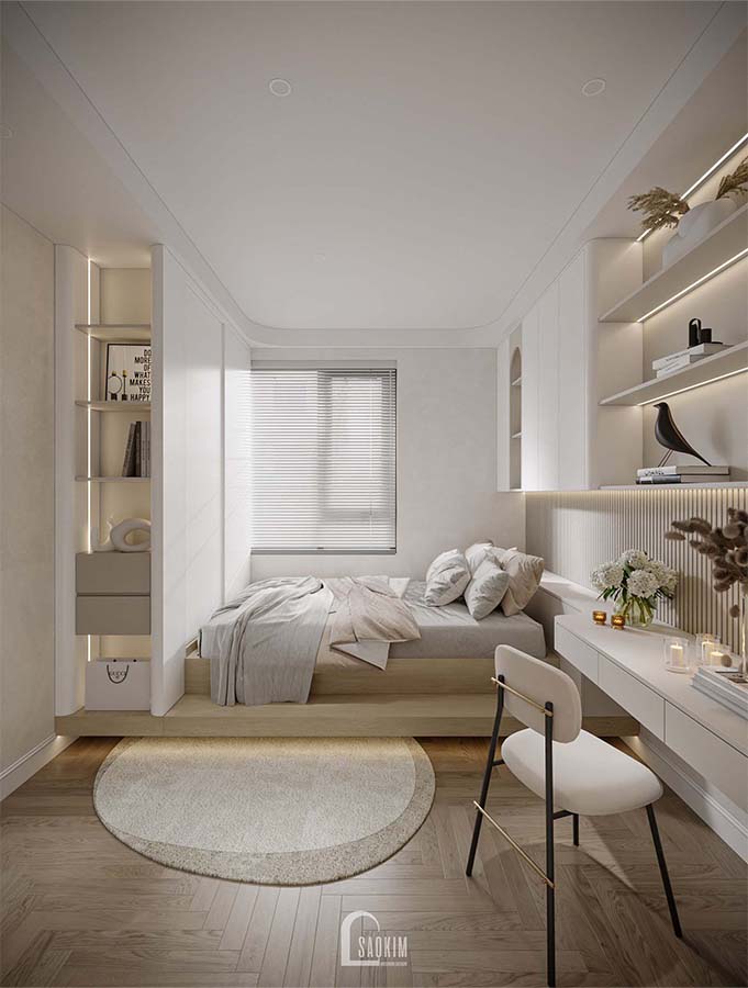 Thiết kế phòng ngủ chung cư phong cách Scandinavian Farmhouse dự án Feliz Homes gam màu trắng be