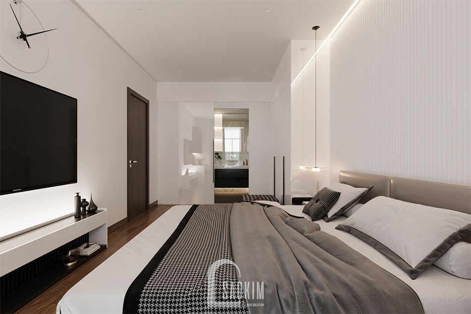 Thi công nội thất phòng ngủ master căn hộ cao cấp chung cư The Zen Gamuda 157m2 phong cách hiện đại, gam màu trắng làm chủ đạo