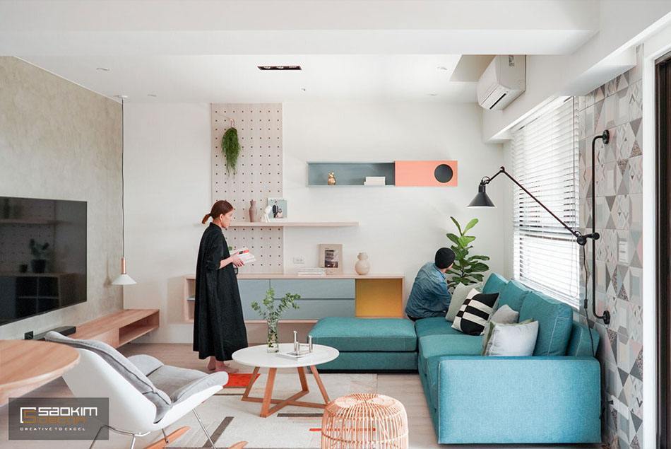 Không gian phòng khách nhà phố là sự kết hợp phong cách tối giản và Color Block