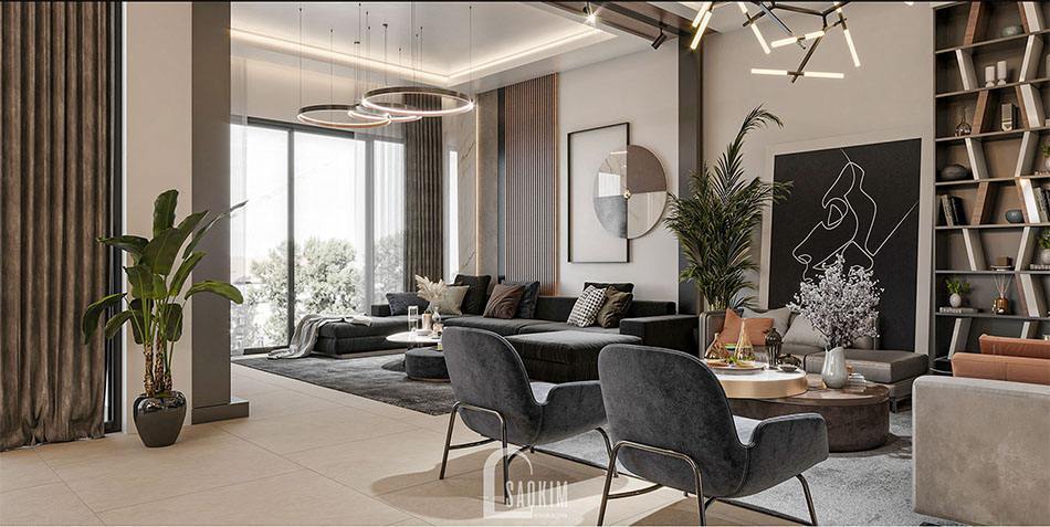 Thiết kế phòng khách nhà biệt thự 2 tầng đẹp 120m2 tại Thái Bình