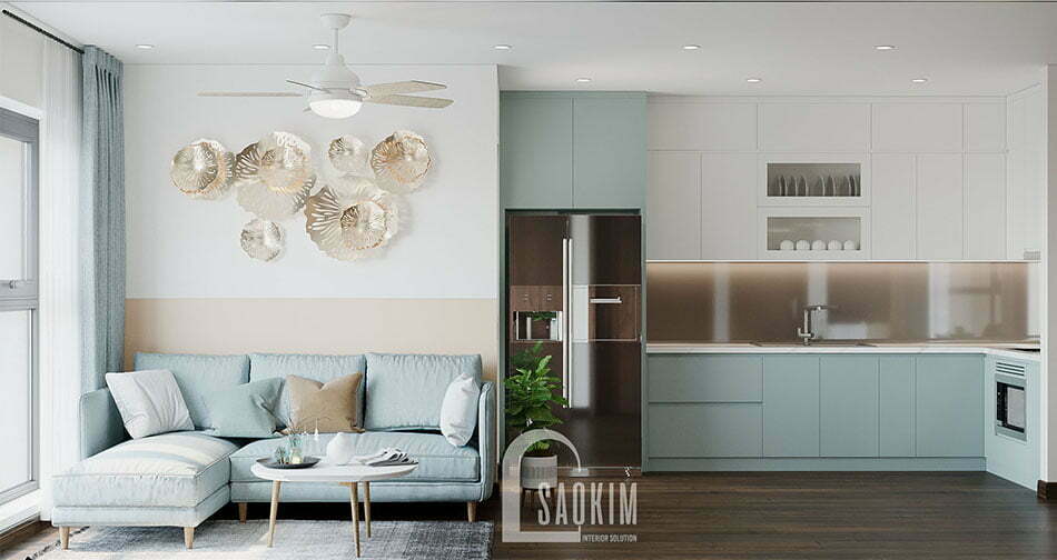 Không gian phòng khách căn hộ 80m2 Eco Home 3 đẹp với phong cách thiết kế Color Block