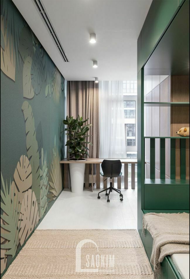 Gam màu xanh tạo điểm nhấn cho không gian trong mẫu thiết kế căn hộ 3 phòng ngủ 