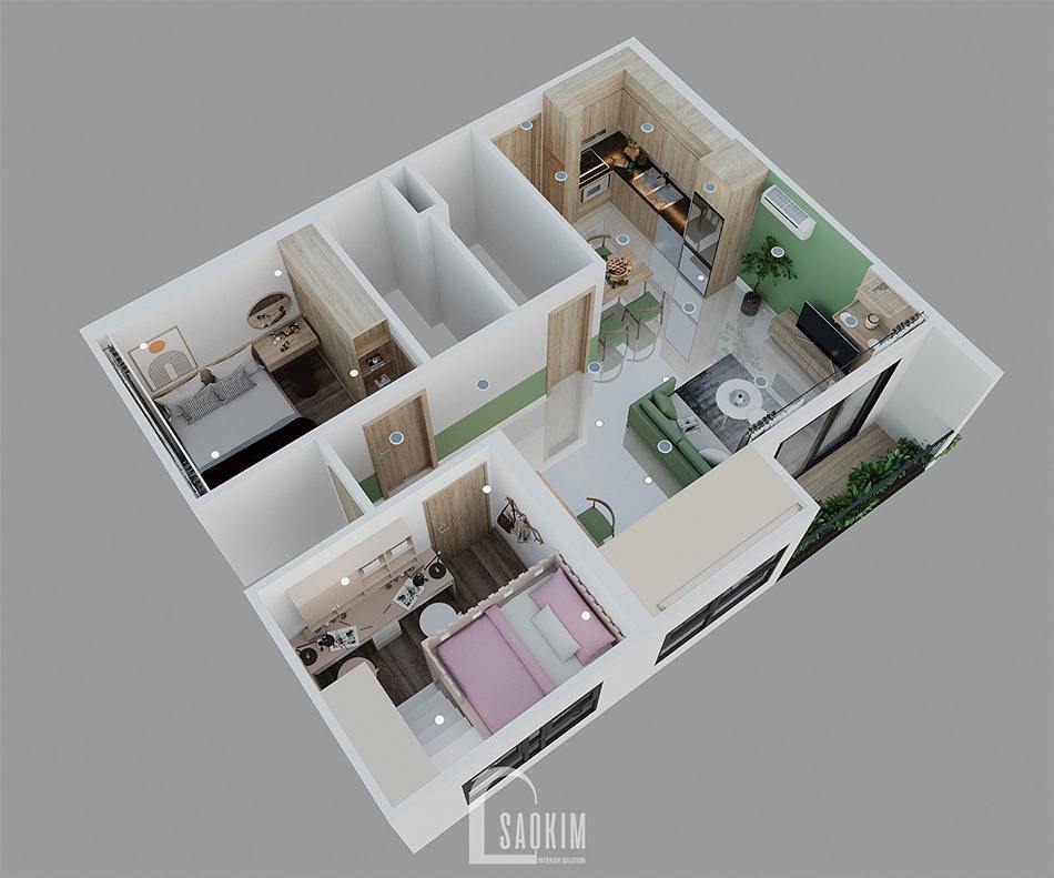 Mặt bằng 3D mẫu thiết kế căn hộ 2 phòng ngủ + 1 Vinhomes Ocean Park 65m2