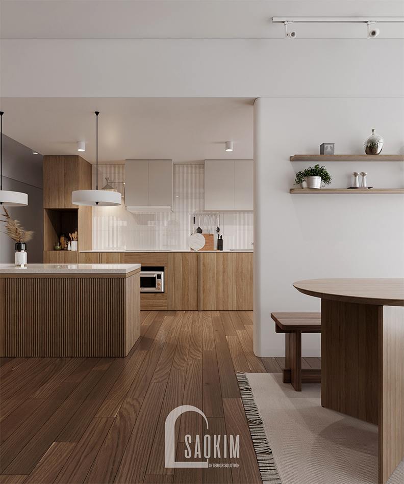 Thiết kế nội thất phòng ăn và bếp phong cách Wabi Sabi chung cư The Zen Gamuda 157m2