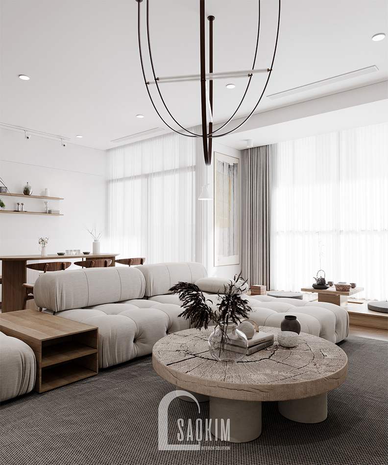 Thiết kế phòng khách chung cư The Zen Gamuda 157m2 phong cách nội thất Wabi Sabi