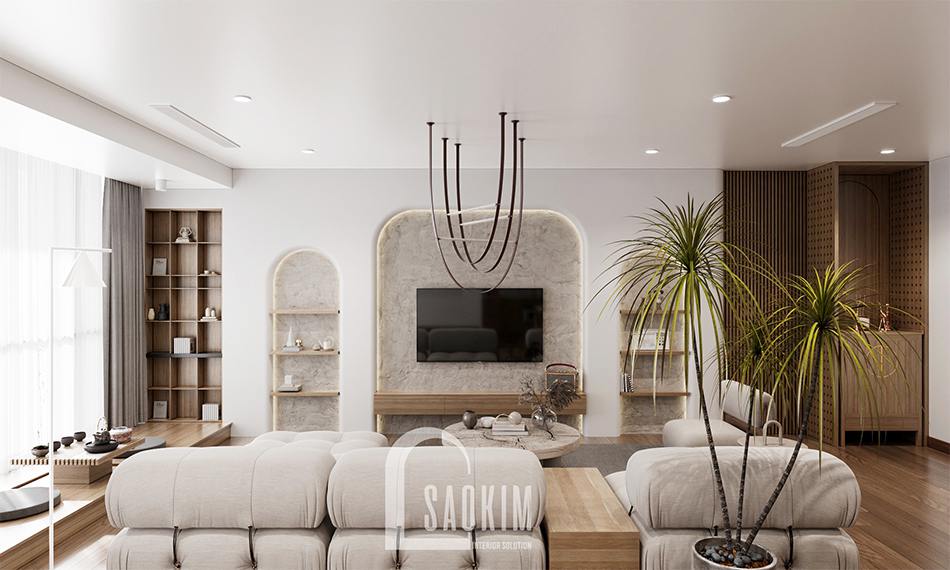 Thiết kế phòng khách chung cư The Zen Gamuda 157m2 phong cách thiết kế Wabi Sabi