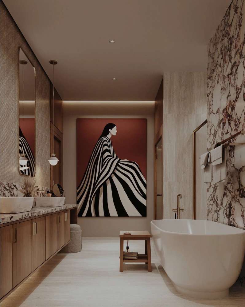 Phòng tắm phong cách Quiet Luxury với đá tự nhiên, gam màu trung tính và thiết kế tối giản, tinh tế.