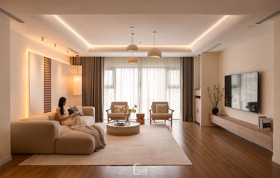 Thiết kế thi công nội thất chung cư phong cách Wabi Sabi mix Japandi dự án Hà Nội Paragon 138m2