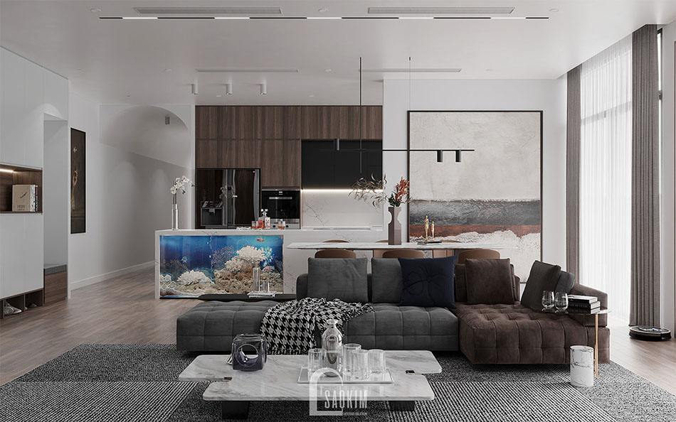 Thiết kế phòng cách căn hộ 3 phòng ngủ 157m2 The Zen Gamuda theo phong cách hiện đại kết hợp gam màu xám, nâu