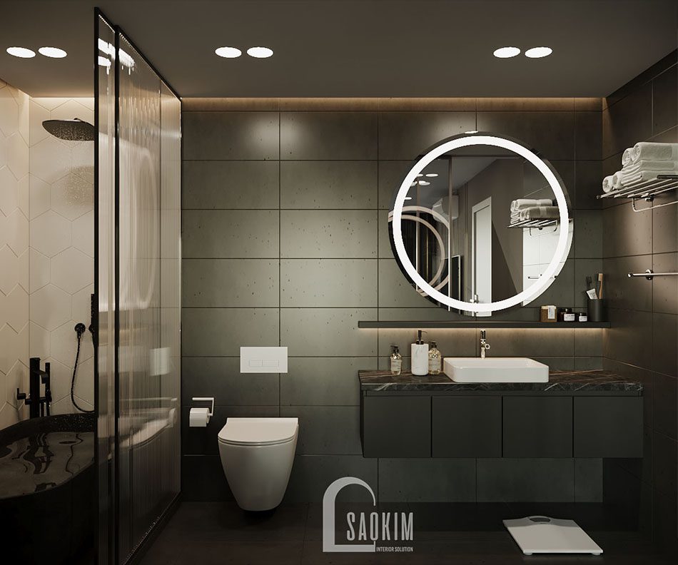 Phòng tắm chung cư được sửa lại sử dụng vách kính ngăn cùng thiết bị vệ sinh cao cấp