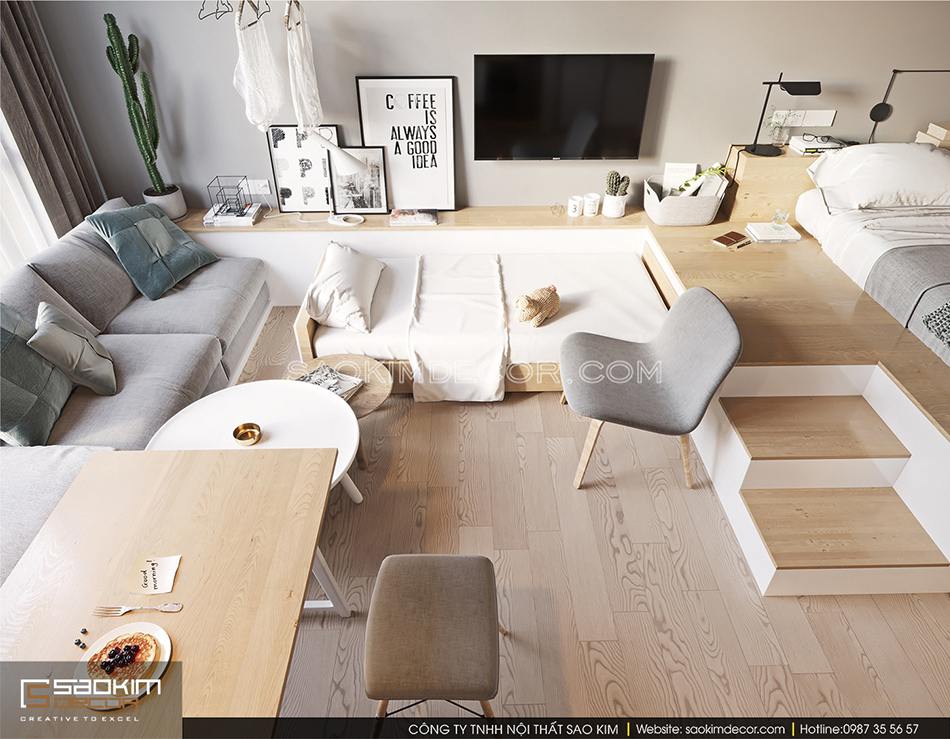 Một chiếc giường ngủ nhỏ cho bé cùng bộ sofa tiếp khách được bố trí khéo léo trong không gian nhỏ