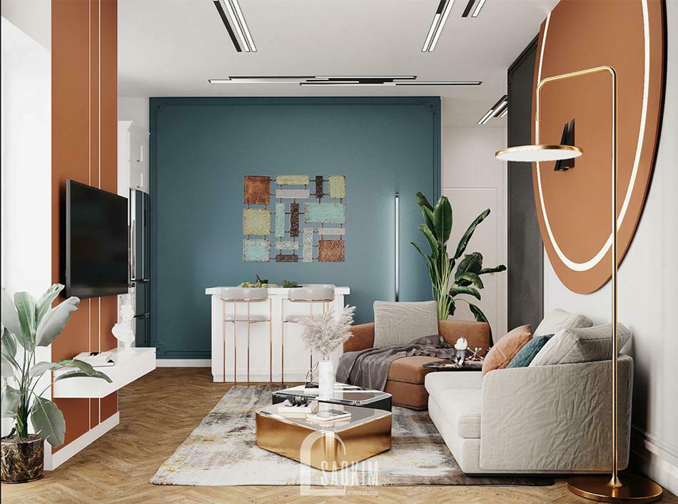 Không gian phòng khách sang trọng, hiện đại với phong cách Color Block