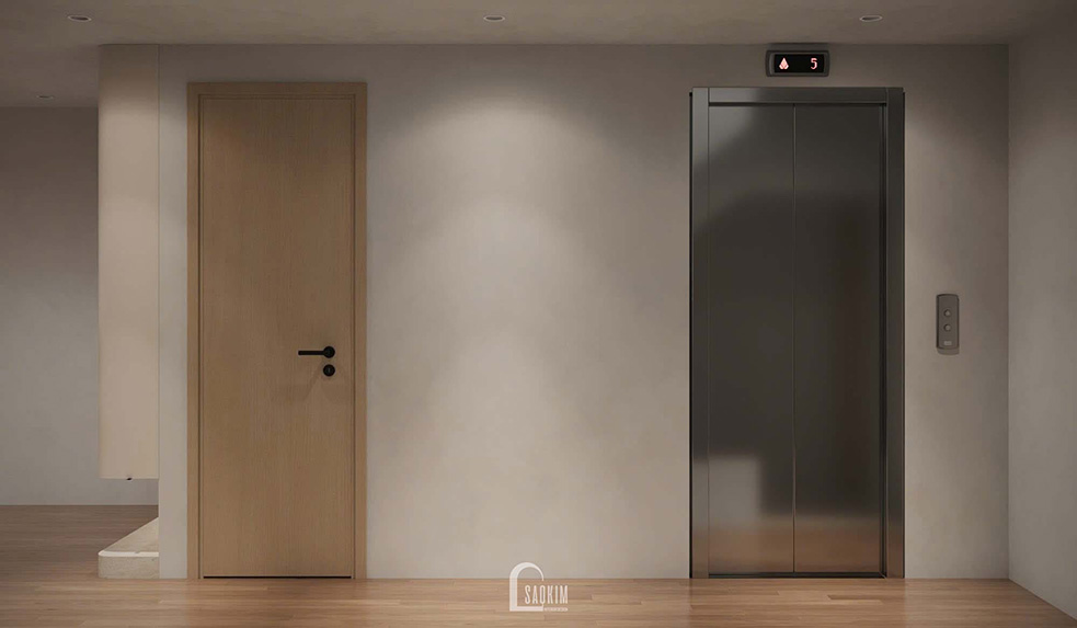 Thiết kế sảnh thang máy và thang bộ nhà liền kề Vinhomes Ocean Park 2 phong cách Minimalist mix Wabi Sabi