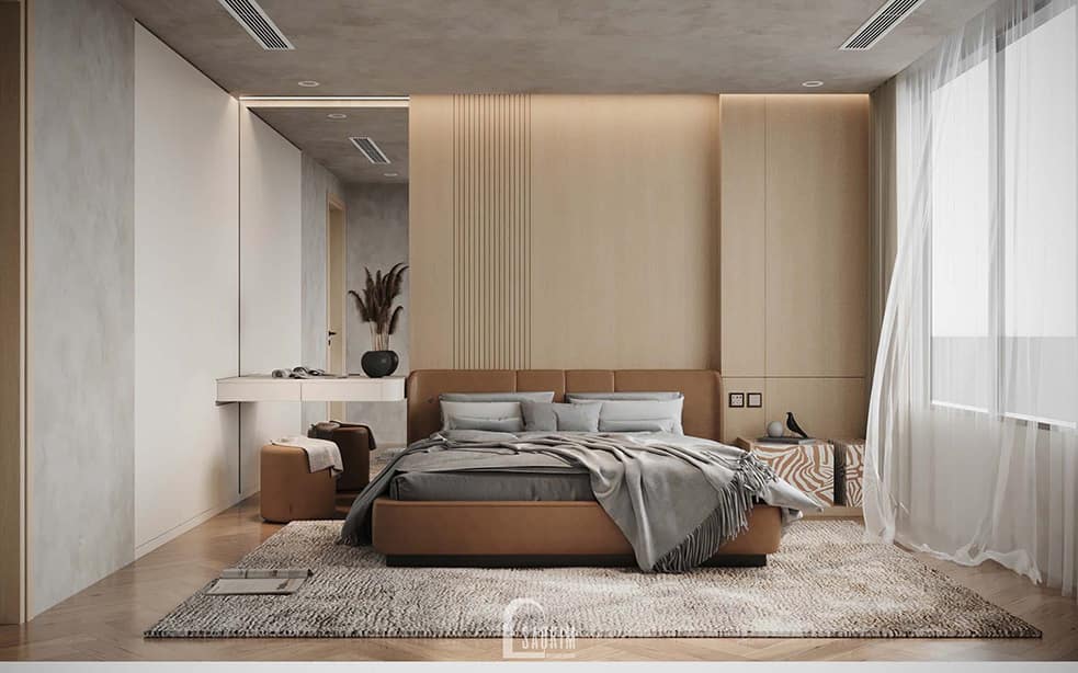 Thiết kế phòng ngủ master nhà liền kề Vinhomes Ocean Park 2 phong cách Minimalist mix Wabi Sabi – chốn riêng thư thái