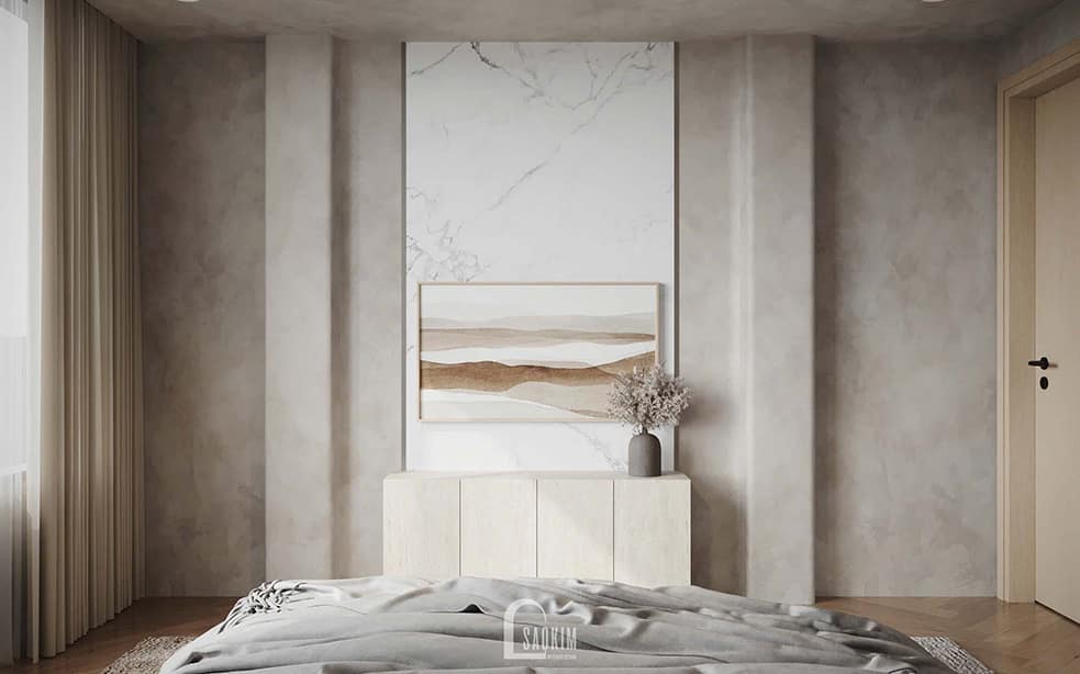 Thiết kế phòng ngủ master phong cách Minimalist mix Wabi Sabi nhà liền kề Vinhomes Ocean Park 2 – khu vực kệ tivi