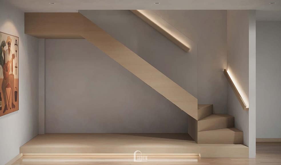 Thiết kế sảnh thang bộ nhà liền kề Vinhomes Ocean Park 2 phong cách Minimalist mix Wabi Sabi