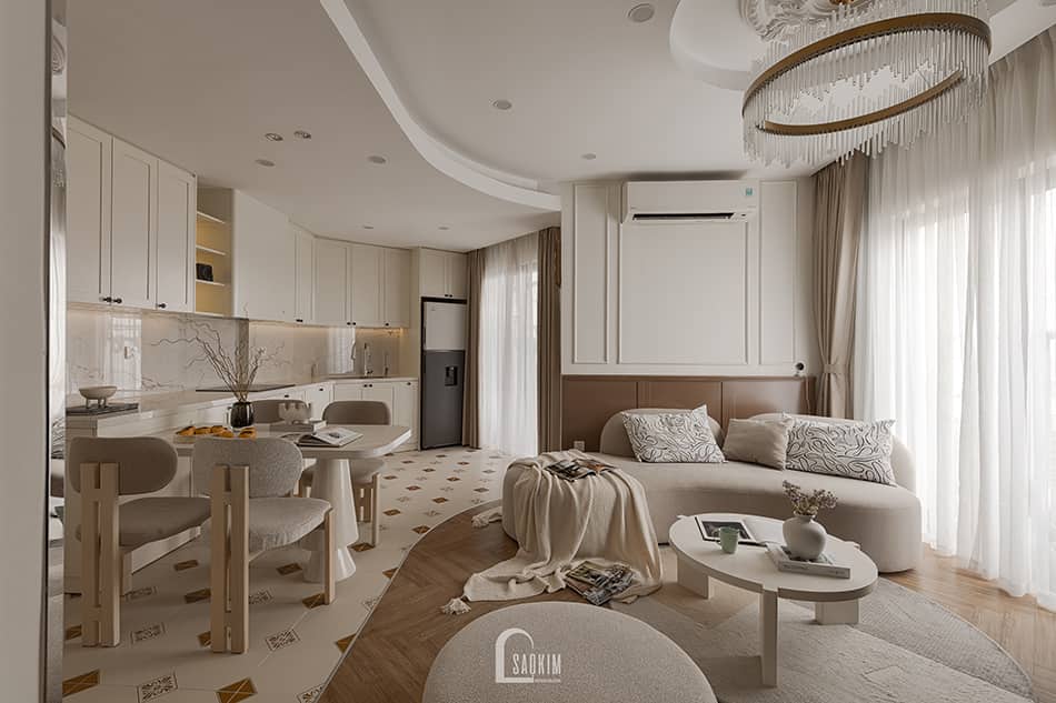 Hoàn thiện thiết kế thi công nội thất chung cư Aqua Bay Ecopark - 108m2 phong cách Parisian với phòng khách bếp liên thông