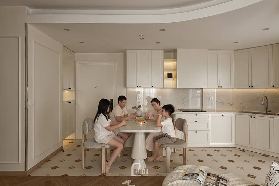 Hoàn thiện thiết kế thi công nội thất phòng khách bếp chung cư Aqua Bay Ecopark - 108m2 phong cách Parisian ấm cúng, sang trọng