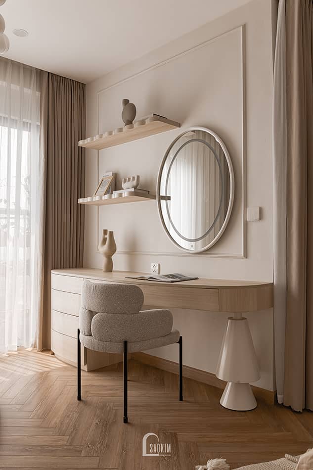 Hoàn thiện thiết kế thi công nội thất phòng ngủ master chung cư Aqua Bay Ecopark - 108m2 phong cách Parisian - bàn trang điểm đẹp mắt