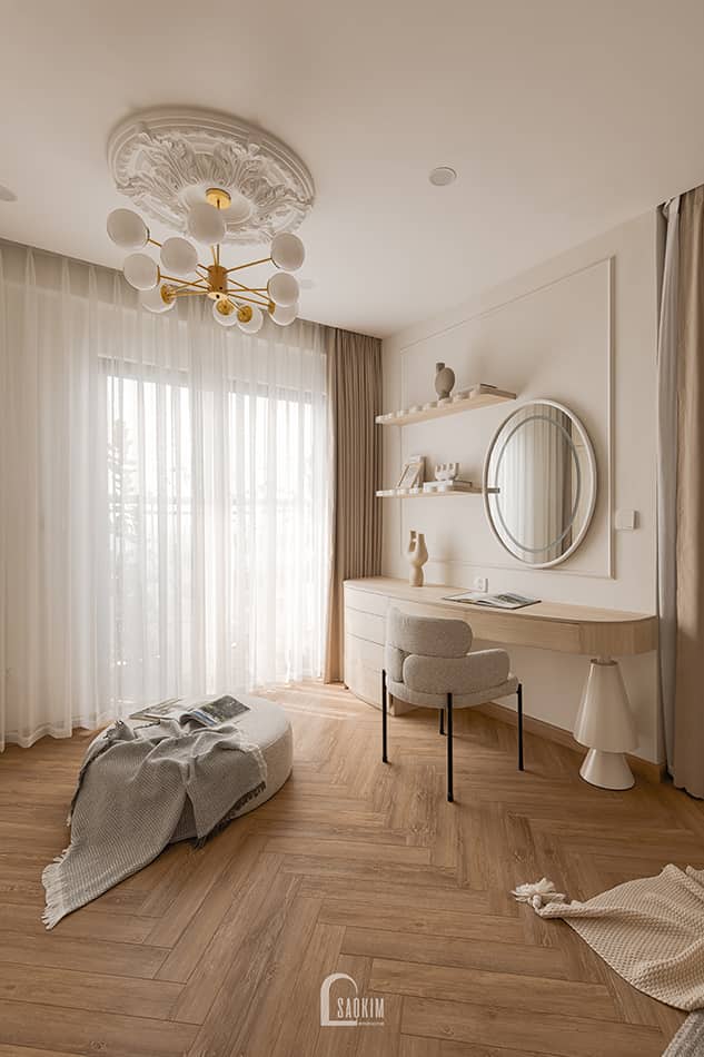 Hoàn thiện thiết kế thi công nội thất phòng ngủ master chung cư Aqua Bay Ecopark - 108m2 phong cách Parisian - không gian bàn trang điểm
