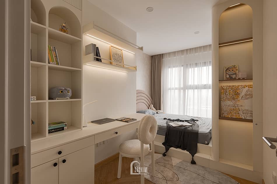 Hoàn thiện thiết kế thi công nội thất phòng ngủ con gái chung cư Aqua Bay Ecopark - phong cách Parisian dịu dàng nữa tính và an toàn