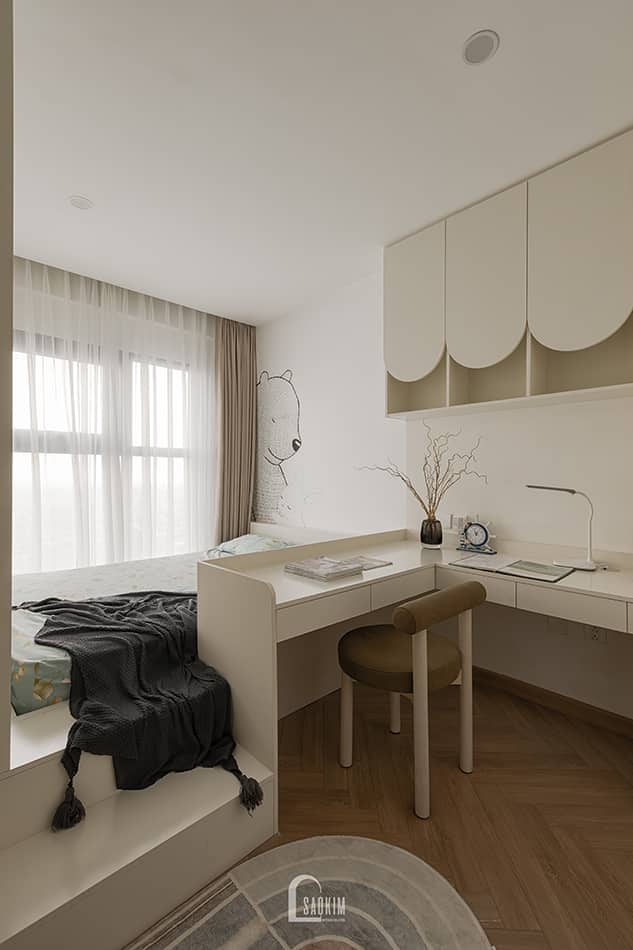 Hoàn thiện thiết kế thi công nội thất phòng ngủ con trai chung cư Aqua Bay Ecopark - phong cách Parisian mang tinh thần hiện đại hơn, nhưng vẫn giữ sự đồng điệu với tổng thể căn hộ