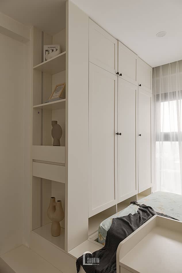 Hoàn thiện thiết kế thi công nội thất phòng ngủ bé trai chung cư Aqua Bay Ecopark - phong cách Parisian hệ tủ quần áo liền giường