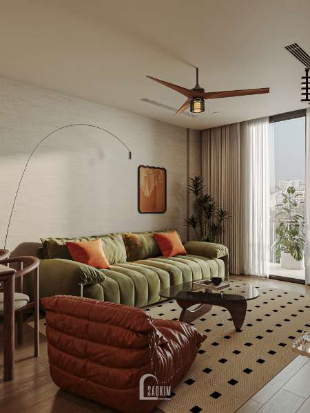 Thiết kế nội thất không gian phòng khách phong cách Mid-Century Modern tại chung cư 2 ngủ The Charm
