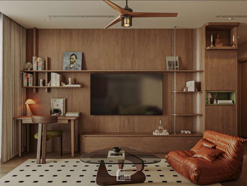Không gian phòng khách phong cách hiện đại giữa thế kỉ tại thiết kế chung cư 2 ngủ The Charm
