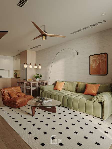 Thiết kế phòng khách chung cư 2 ngủ The Charm phong cách Mid-Century Modern - Sự cân bằng giữa nét đẹp vượt thời gian và nhu cầu sống hiện đại