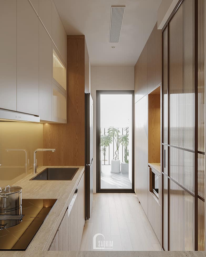 Thiết kế không gian phòng bếp tại thiết kế chung cư Hinode City phong cách Wabi Sabi
