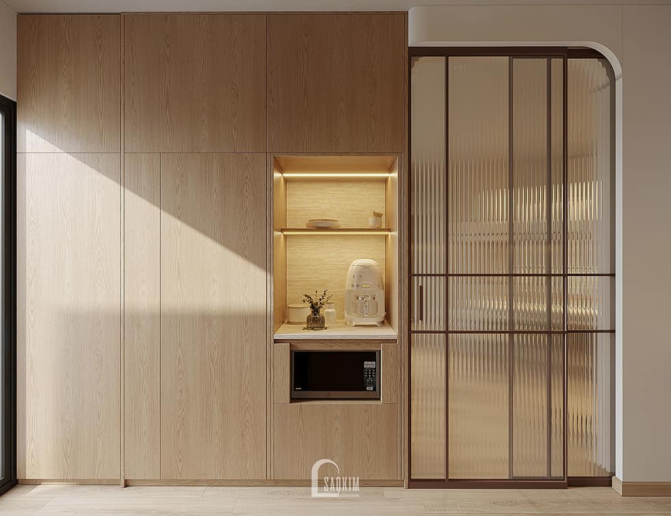 Không gian nội thất phòng bếp tại thiết kế chung cư Hinode City phong cách Wabi Sabi