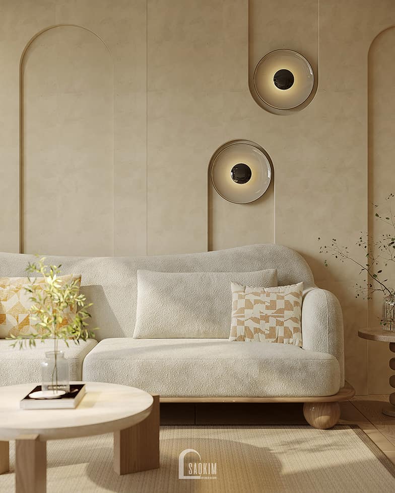 Không gian nội thất phòng khách mang phong cách Wabi Sabi tại thiết kế chung cư Hinode City