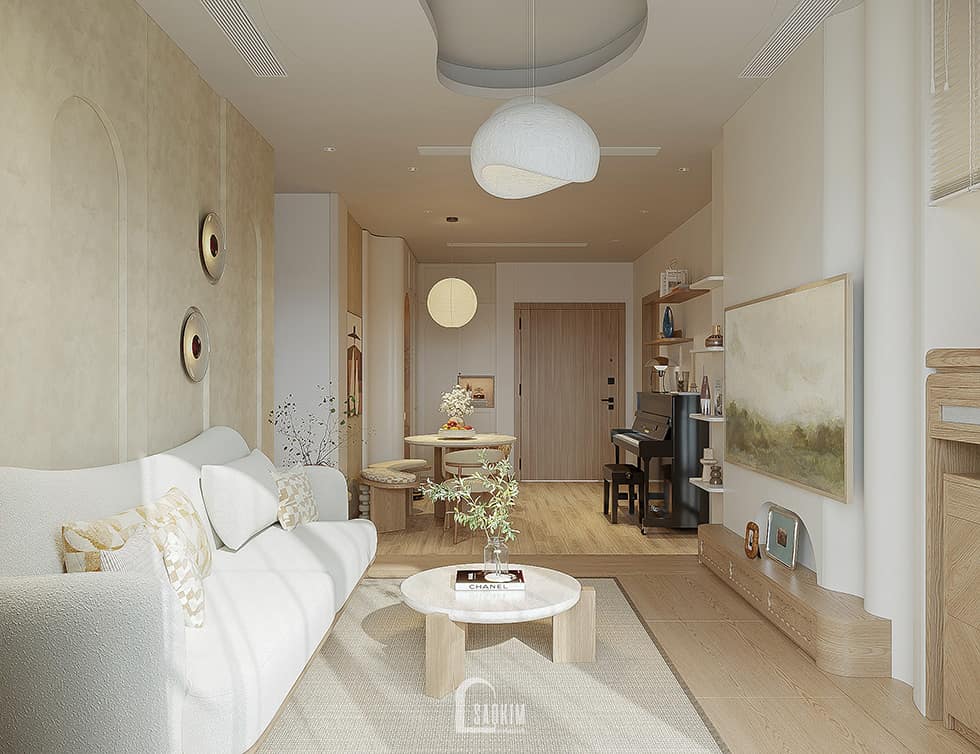 Không gian phòng khách mang phong cách Wabi Sabi tại thiết kế chung cư Hinode City