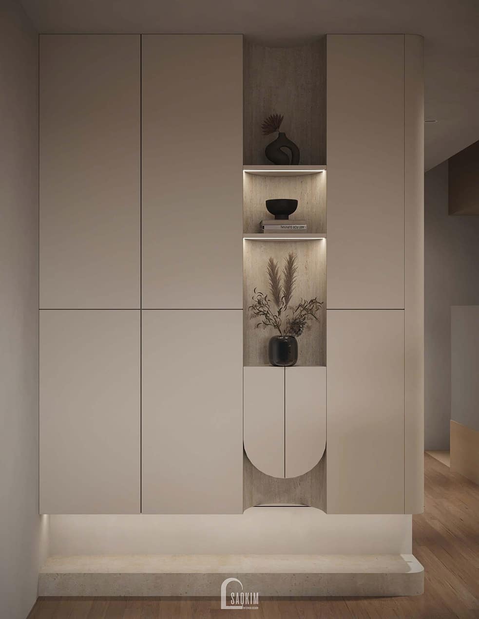 Thiết kế hệ tủ kệ đa năng nhà liền kề Vinhomes Ocean Park 2 phong cách Minimalist mix Wabi Sabi