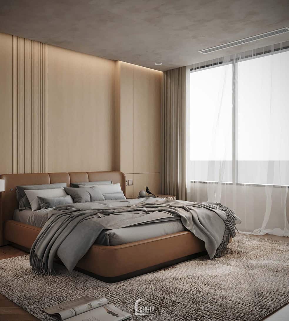 Thiết kế phòng ngủ master nhà liền kề Vinhomes Ocean Park 2 phong cách Minimalist mix Wabi Sabi – chốn riêng thư thái