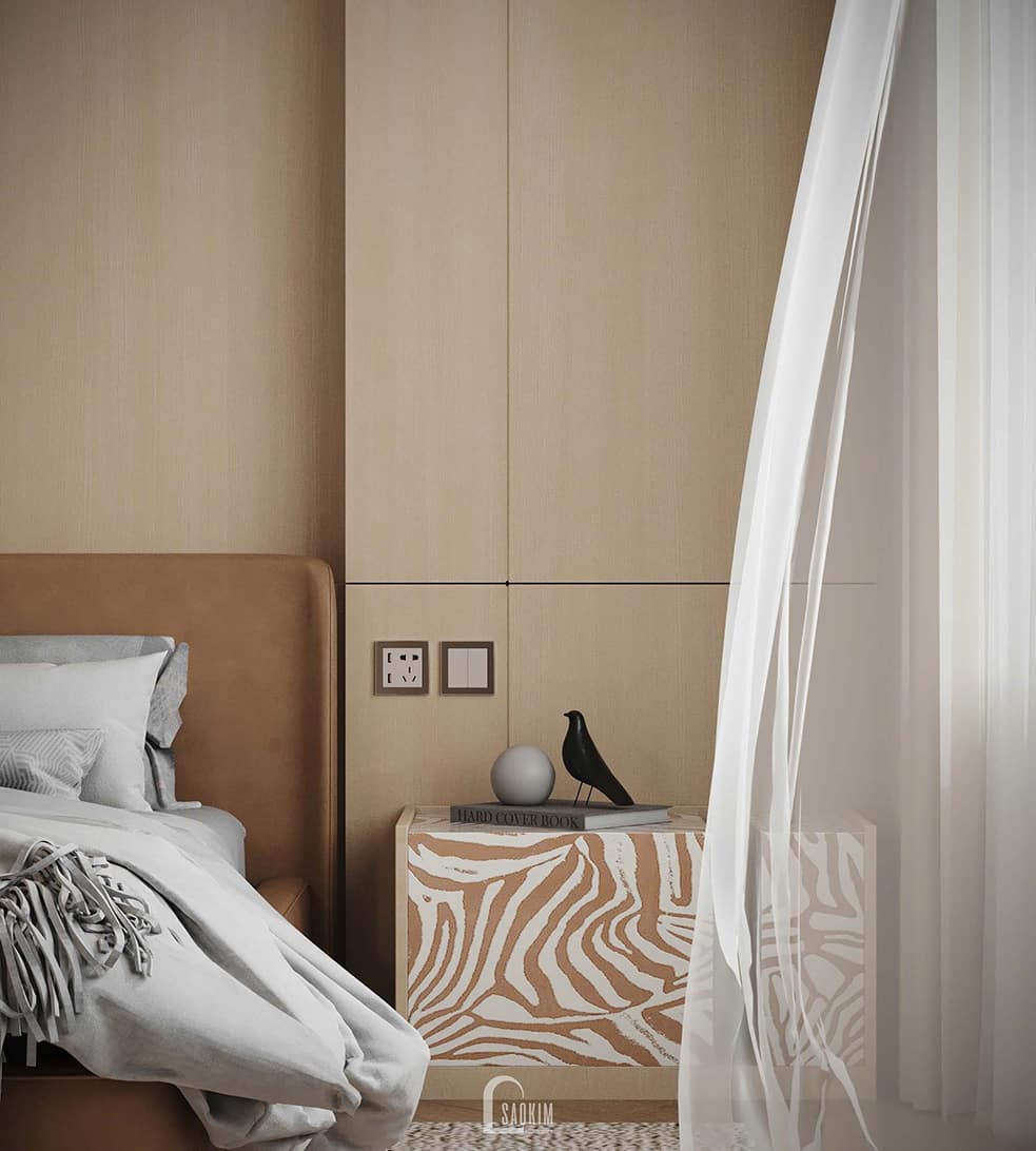 Thiết kế tab đầu giường phòng ngủ master nhà liền kề Vinhomes Ocean Park 2 phong cách Minimalist mix Wabi Sabi – điểm nhấn độc đáo