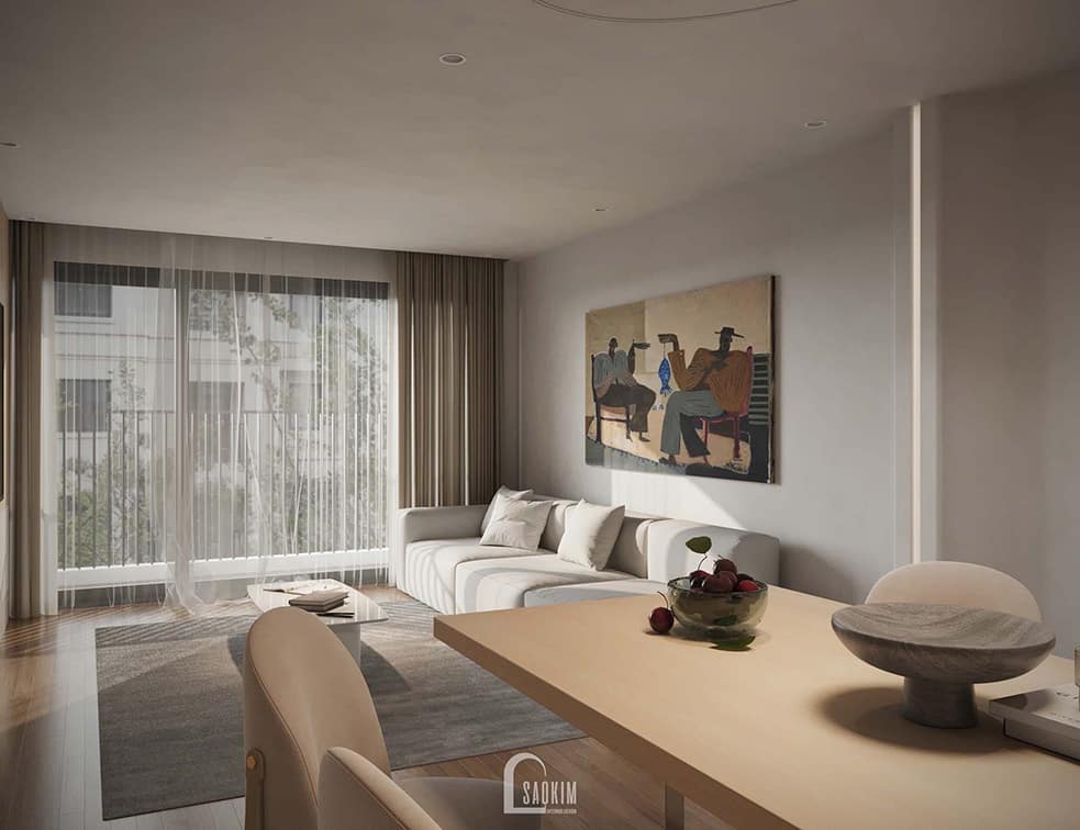 Thiết kế phòng bếp nhà liền kề Minimalist mix Wabi Sabi tại Vinhomes Ocean Park 2