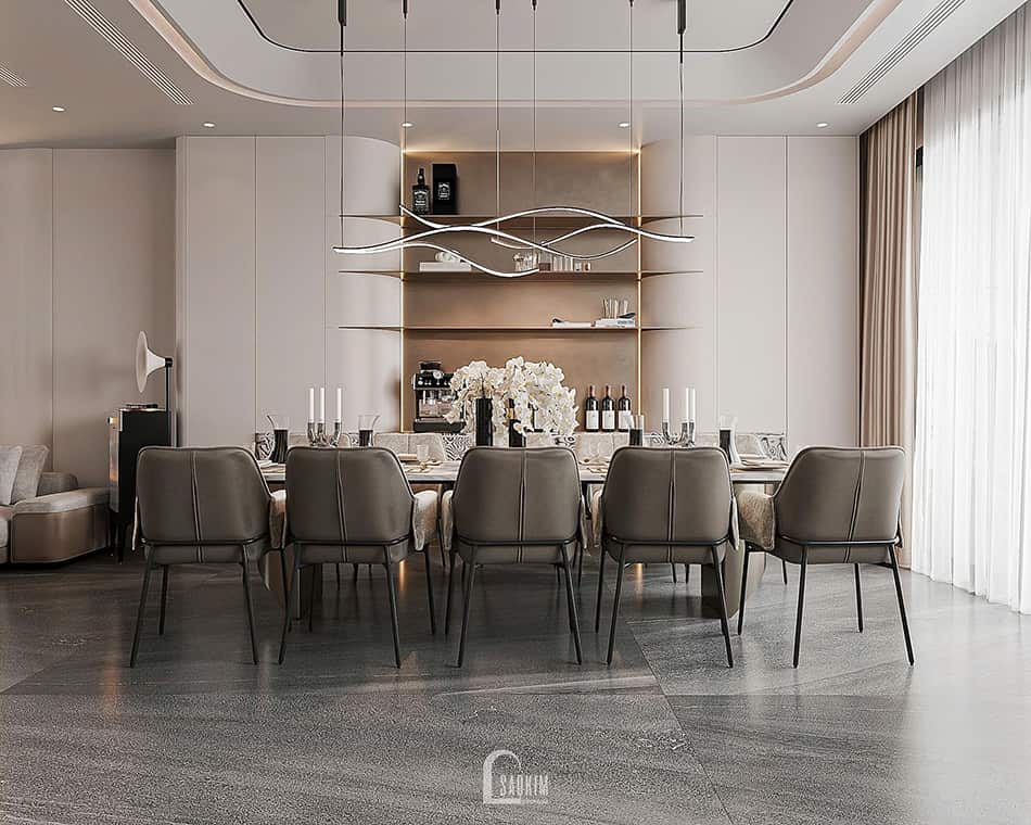 Thiết kế phòng bếp ăn nhà phố liền kề Townhouse Mỹ Đình theo phong cách hiện đại Luxury không phô trương quá mức, nhưng từng chi tiết đều toát lên đẳng cấp của người sở hữu