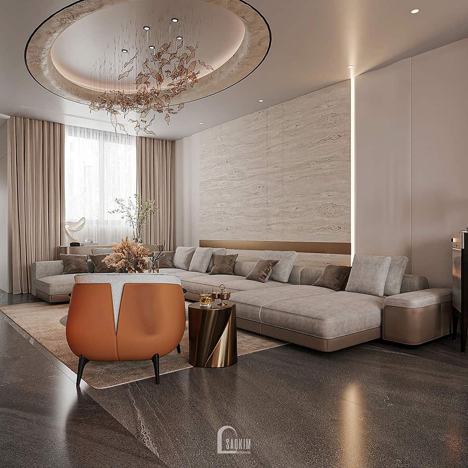 Thiết kế phòng khách nhà phố liền kề Townhouse Mỹ Đình theo phong cách hiện đại Luxury
