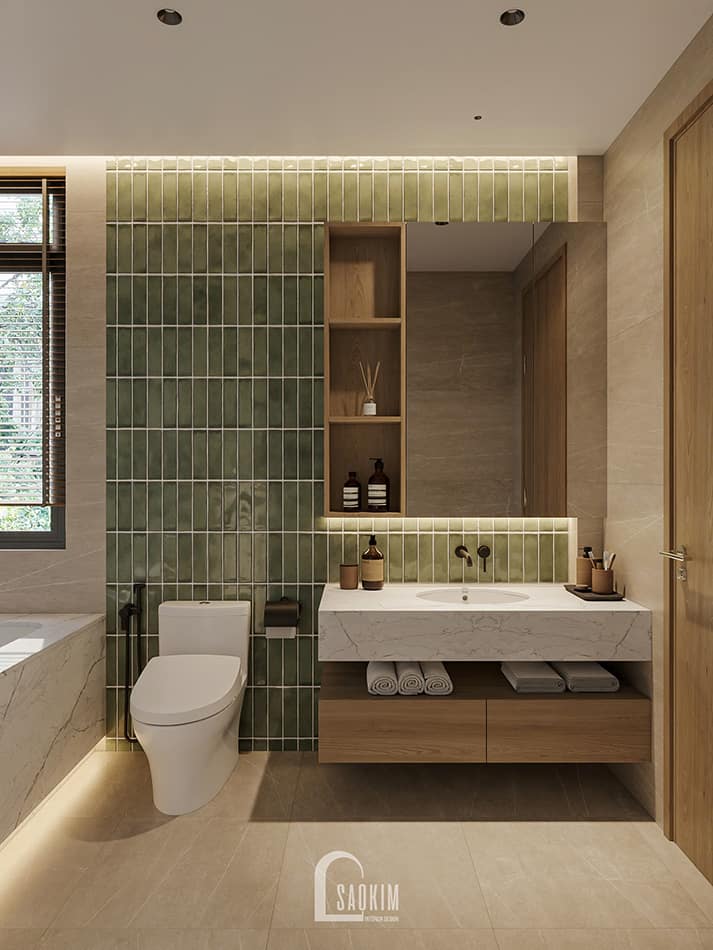 Thiết kế phòng tắm nhà phố 90m2 Mỹ Đình phong cách Japandi chuẩn nghỉ dưỡng