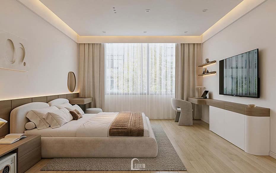 Thiết kế nội thất chung cư phong cách hiện đại cho căn hộ Hyundai Hillstate lựa chọn tone nâu be cho phòng ngủ master