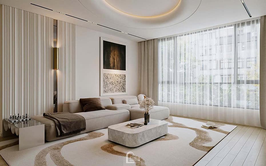 Thiết kế nội thất phòng khách chung cư phong cách hiện đại cho căn hộ Hyundai Hillstate 136m2 thoáng dẫng và sang trọng