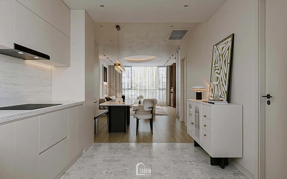 Thiết kế nội thất chung cư phong cách hiện đại cho căn hộ Hyundai Hillstate lựa chọn không gian mở cho phòng khách và bếp