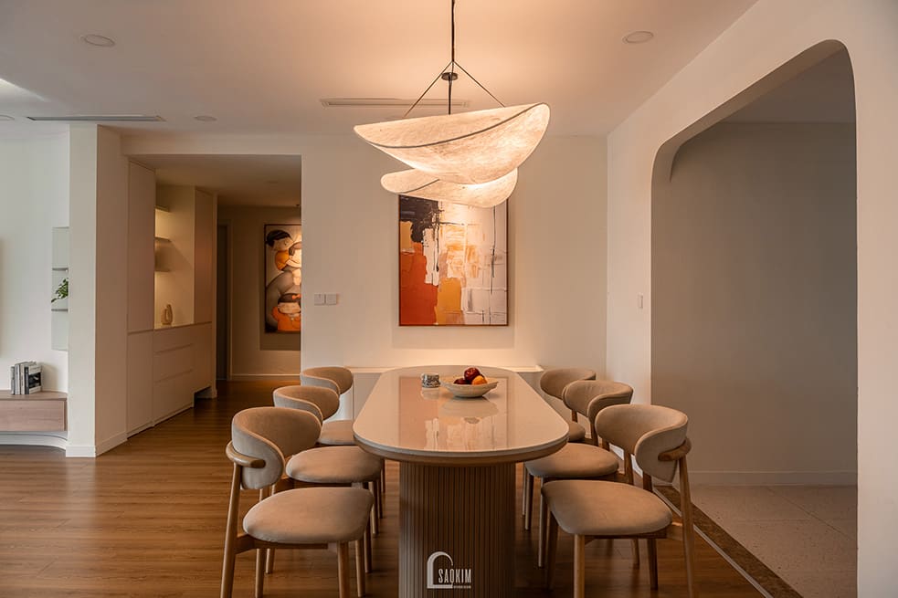 Thiết kế thi công nội thất phòng ăn chung cư phong cách Wabi Sabi mix Japandi tạo sự Ấm Áp và Kết Nối