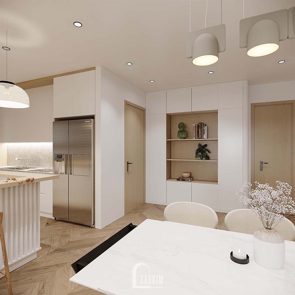 Thiết kế nội thất phòng ăn và bếp chung cư Feliz Homes với không gian ấm cúng