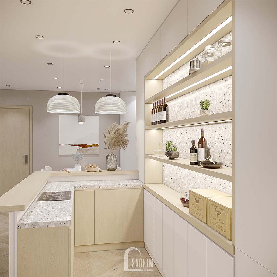 Thiết kế nội thất chung cư Feliz Homes với quầy bar pha chế hiện đại ngay tại phòng bếp