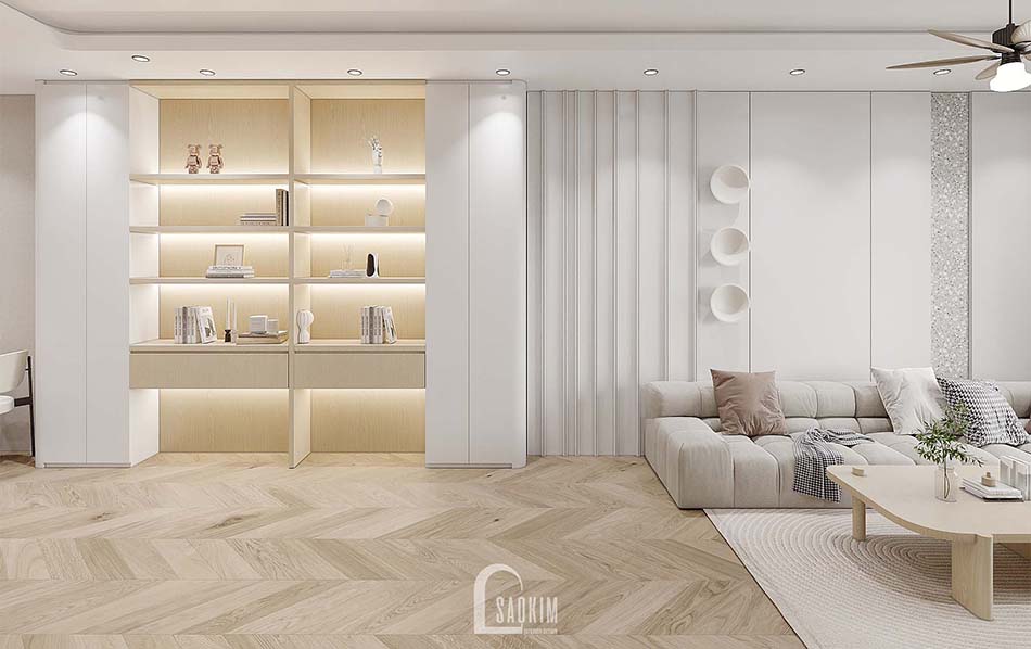 Cải tạo thiết kế nội thất chung cư Feliz Homes Hoàng Mai chọn nét vẽ hiện đại, với gam màu trắng kem làm chủ đạo