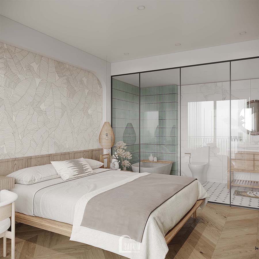 Thiết kế phòng ngủ master chung cư phong cách Wabi Sabi dự án Feliz Homes Hoàng Mai 120m2